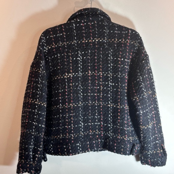 ZARA Sz S-M Trf Collection Black Plaid Wool Blend Metallic Snap Front Jacket - Picture 6 of 13